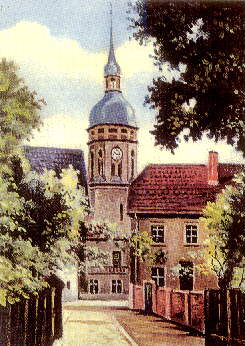 oil painting of 'Weißbachweg' and St.Laurentius Church